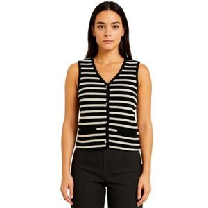 Bailey 44 Sweater Vest Button Front‎ in Black Cream Stripe Size L